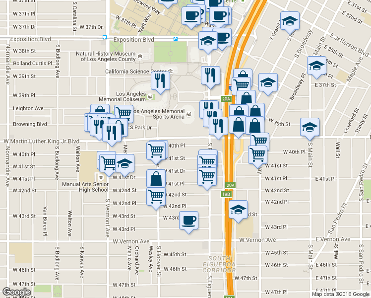 map of restaurants, bars, coffee shops, grocery stores, and more near 641 West 40th Place in Los Angeles