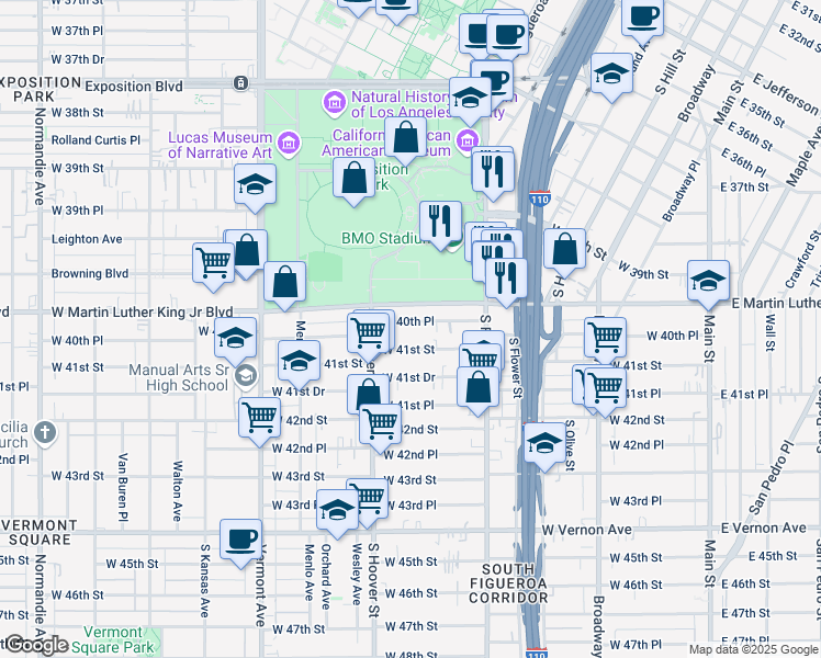 map of restaurants, bars, coffee shops, grocery stores, and more near 641 West 40th Place in Los Angeles