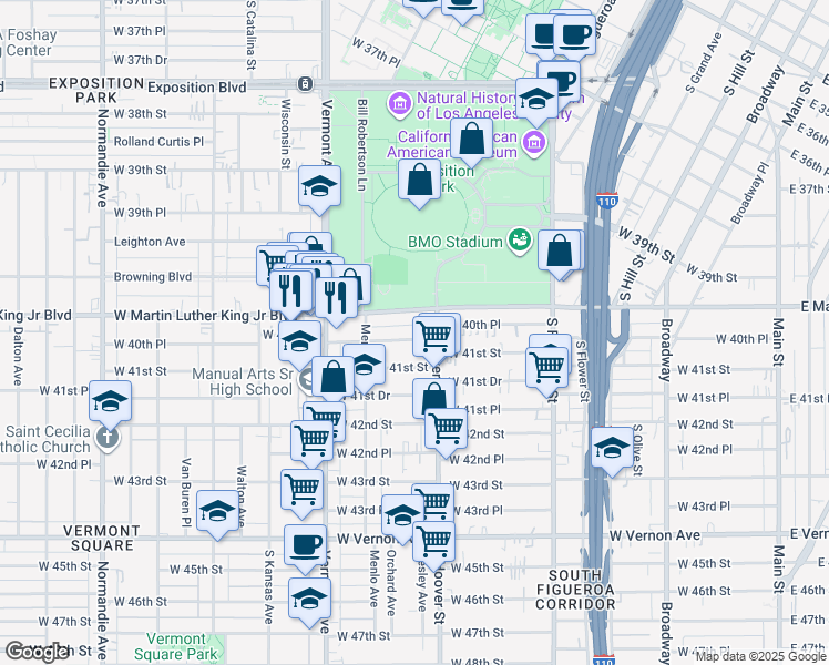 map of restaurants, bars, coffee shops, grocery stores, and more near 828 West Martin Luther King Junior Boulevard in Los Angeles