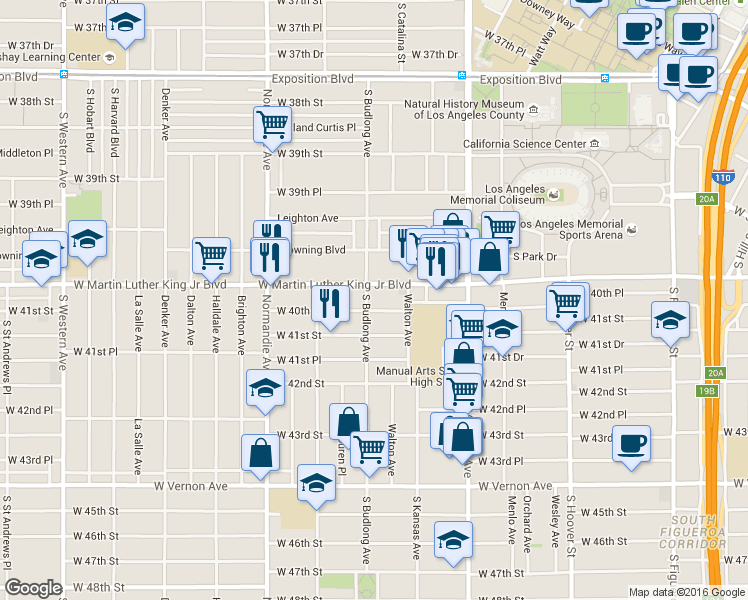map of restaurants, bars, coffee shops, grocery stores, and more near 3997 South Budlong Avenue in Los Angeles
