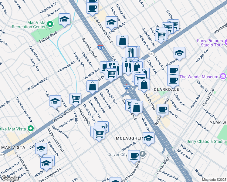 map of restaurants, bars, coffee shops, grocery stores, and more near 3814 Sawtelle Boulevard in Los Angeles