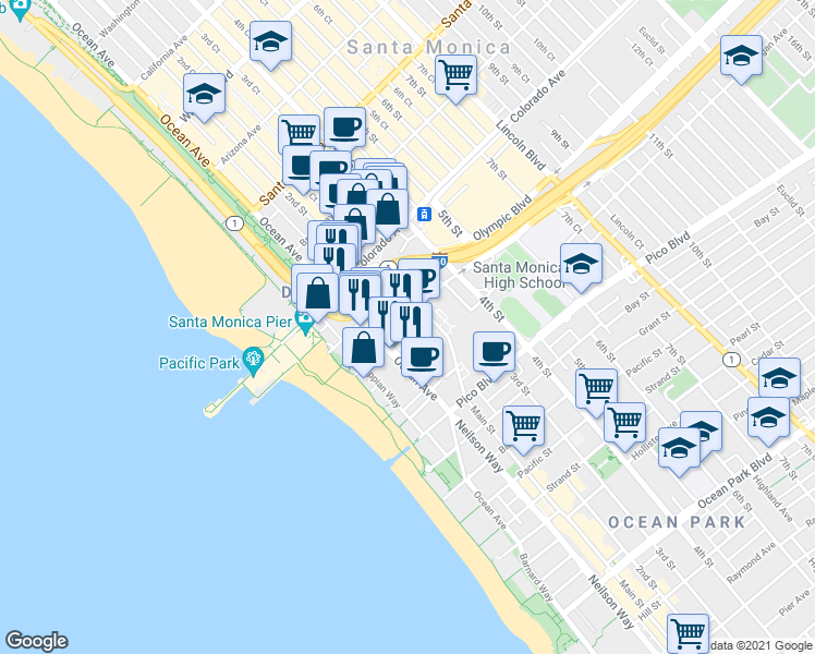 map of restaurants, bars, coffee shops, grocery stores, and more near in Santa Monica