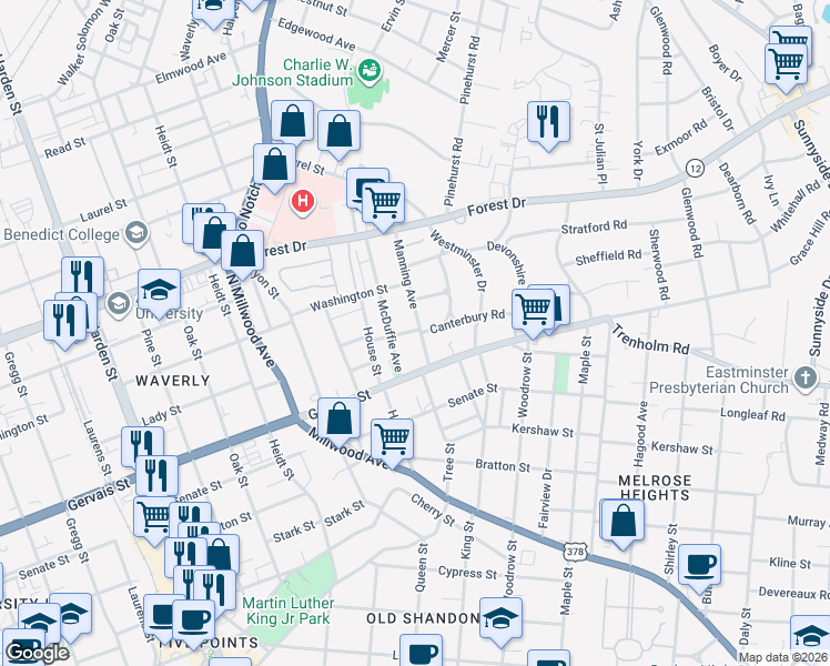 map of restaurants, bars, coffee shops, grocery stores, and more near 1309 Manning Avenue in Columbia