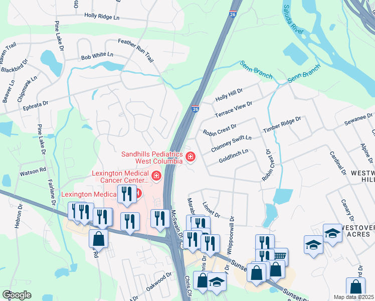 map of restaurants, bars, coffee shops, grocery stores, and more near 2464 Robin Crest Drive in West Columbia