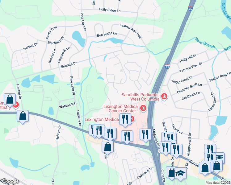 map of restaurants, bars, coffee shops, grocery stores, and more near 185 Hulon Greene Place in West Columbia