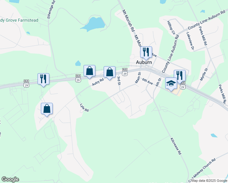 map of restaurants, bars, coffee shops, grocery stores, and more near 19 3rd Street in Auburn