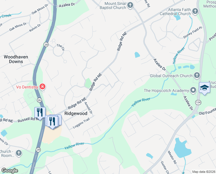 map of restaurants, bars, coffee shops, grocery stores, and more near 1538 Park Knoll Trail Northeast in Lawrenceville