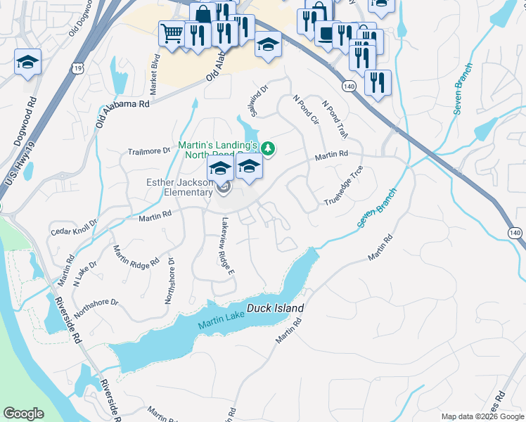 map of restaurants, bars, coffee shops, grocery stores, and more near 101 Teal Court in Roswell