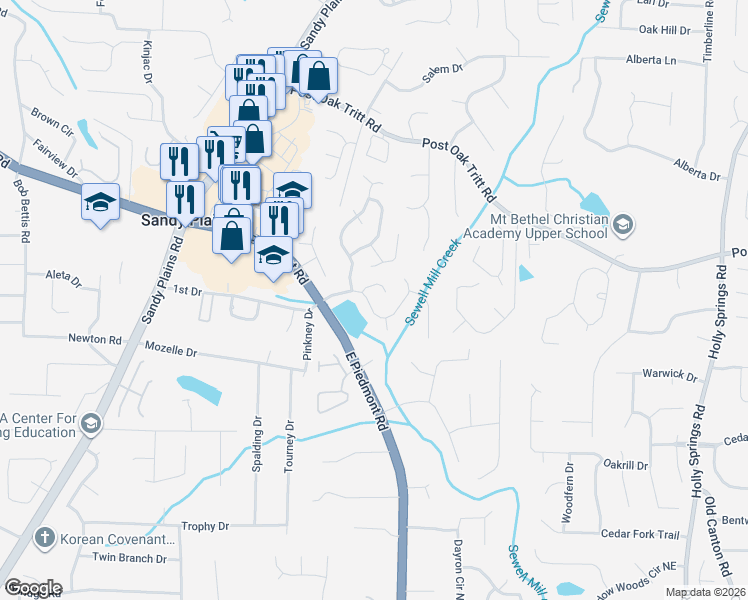 map of restaurants, bars, coffee shops, grocery stores, and more near 2249 Mainsail Court in Marietta
