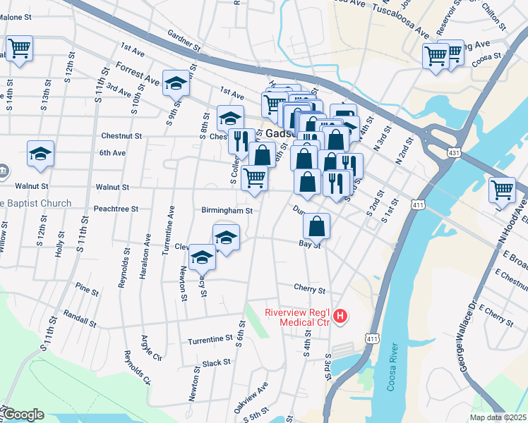 map of restaurants, bars, coffee shops, grocery stores, and more near 600 Walnut Street in Gadsden