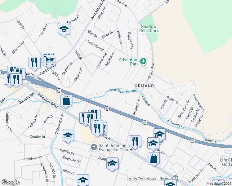 map of restaurants, bars, coffee shops, grocery stores, and more near 6188 Canal Street in Jurupa Valley