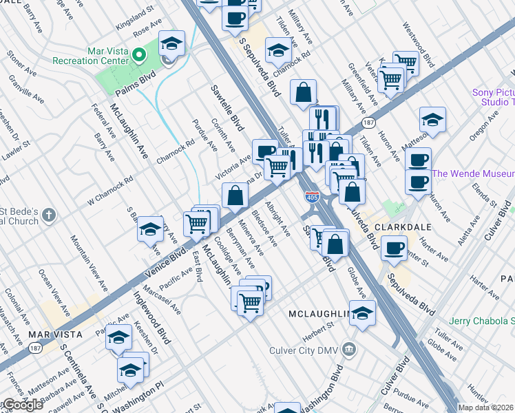 map of restaurants, bars, coffee shops, grocery stores, and more near 11370 Venice Boulevard in Los Angeles