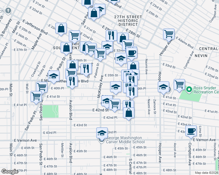 map of restaurants, bars, coffee shops, grocery stores, and more near 894 East Martin Luther King Junior Boulevard in Los Angeles