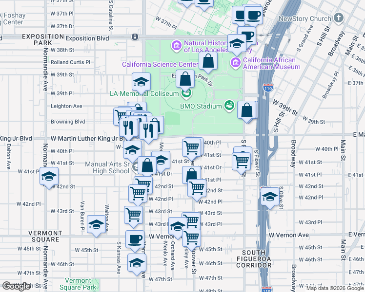 map of restaurants, bars, coffee shops, grocery stores, and more near 825 West 40th Place in Los Angeles