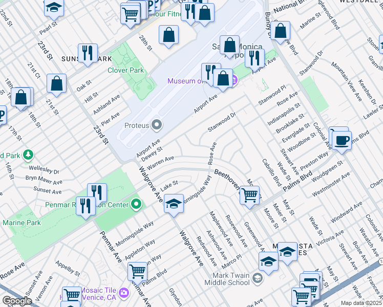 map of restaurants, bars, coffee shops, grocery stores, and more near 13013 Warren Avenue in Los Angeles