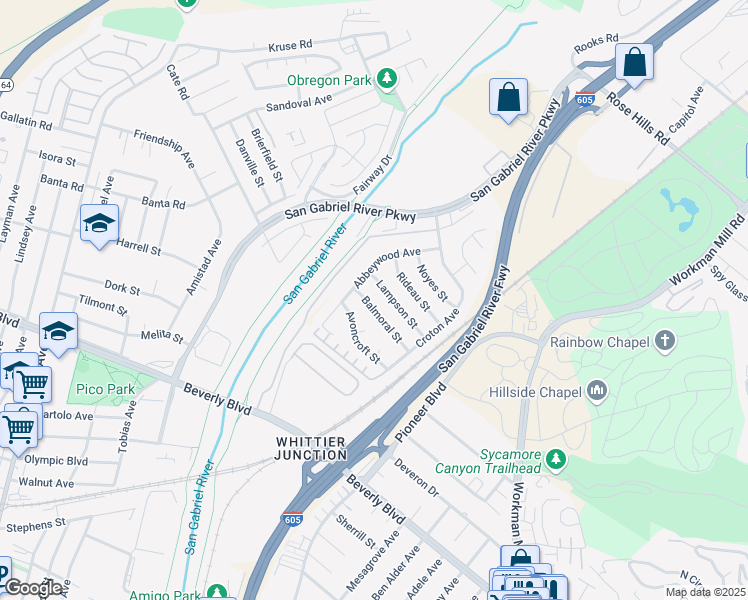 map of restaurants, bars, coffee shops, grocery stores, and more near 9925 Balmoral Street in Whittier