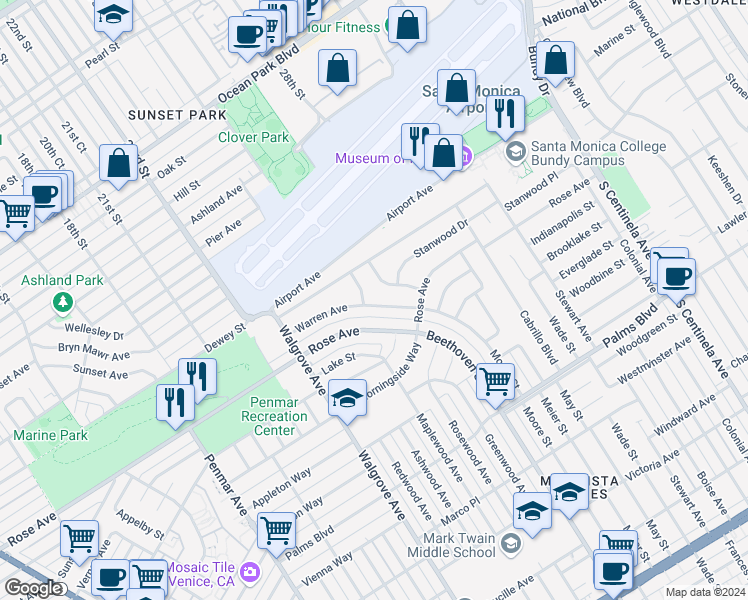 map of restaurants, bars, coffee shops, grocery stores, and more near 13023 Warren Avenue in Los Angeles