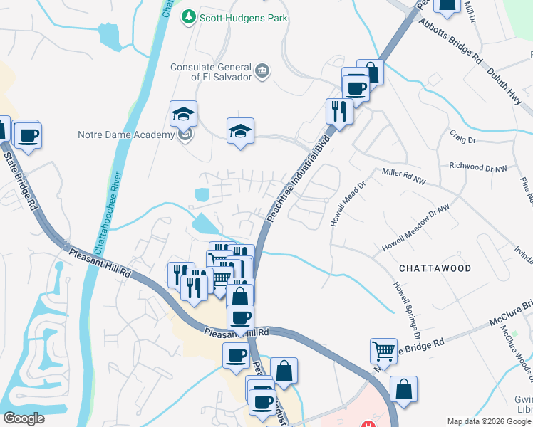 map of restaurants, bars, coffee shops, grocery stores, and more near 3498 Royal Oak Circle in Duluth