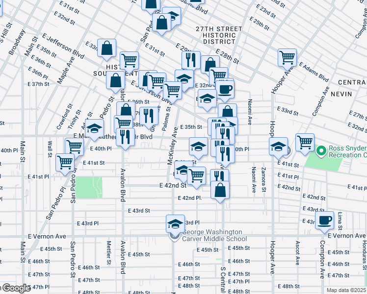 map of restaurants, bars, coffee shops, grocery stores, and more near 887 East 40th Place in Los Angeles