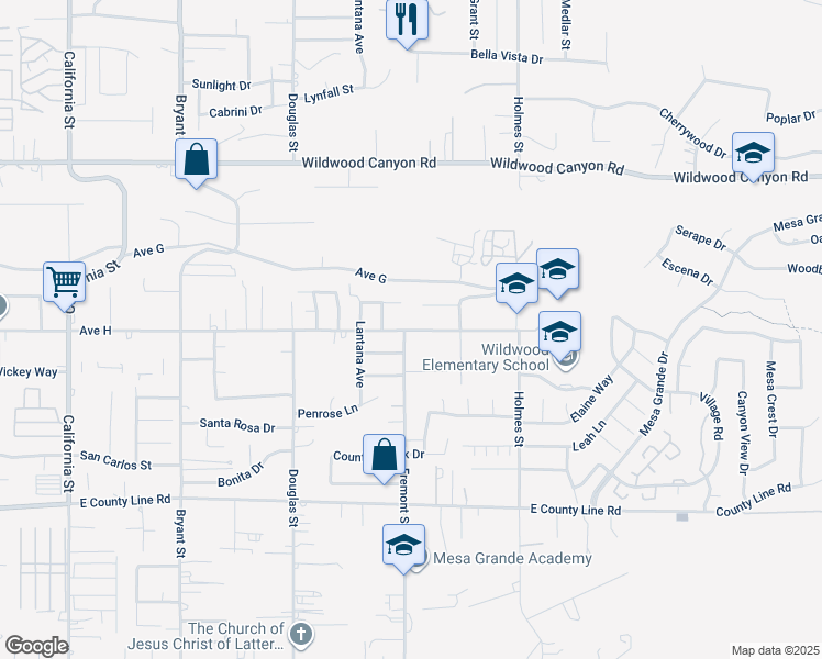 map of restaurants, bars, coffee shops, grocery stores, and more near 35710 Ave H in Yucaipa