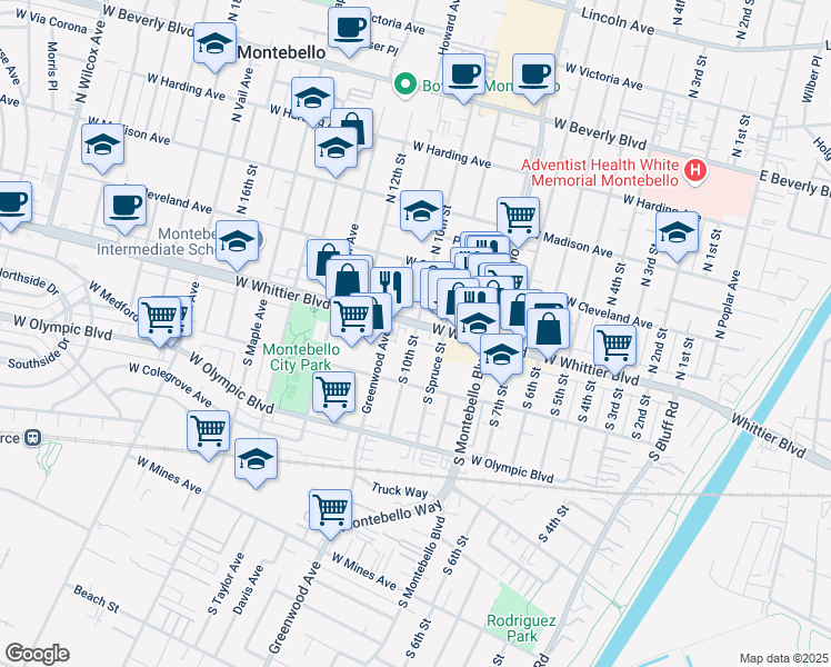 map of restaurants, bars, coffee shops, grocery stores, and more near 115 South 10th Street in Montebello