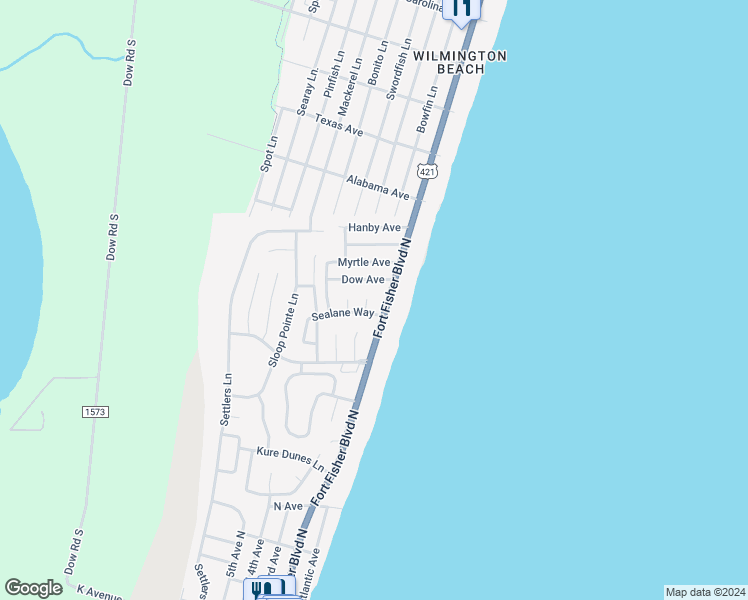 map of restaurants, bars, coffee shops, grocery stores, and more near 110 Seaward Court in Kure Beach