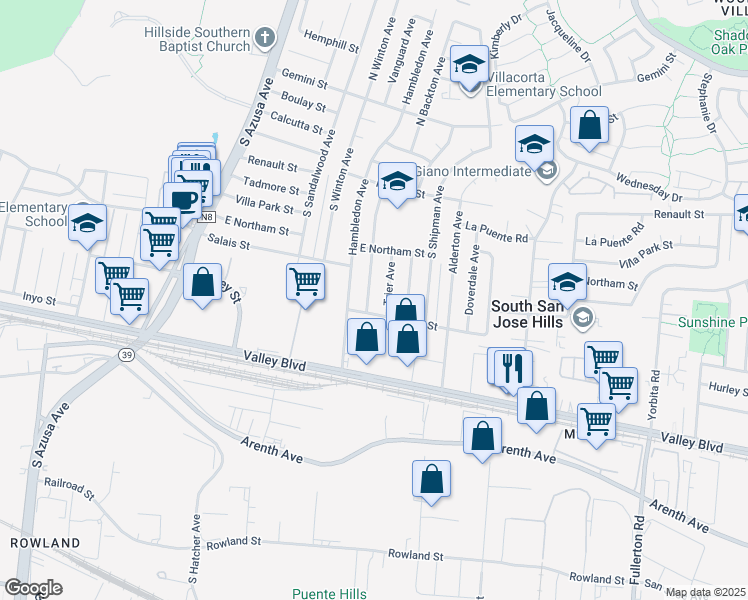 map of restaurants, bars, coffee shops, grocery stores, and more near 562 South Backton Avenue in La Puente