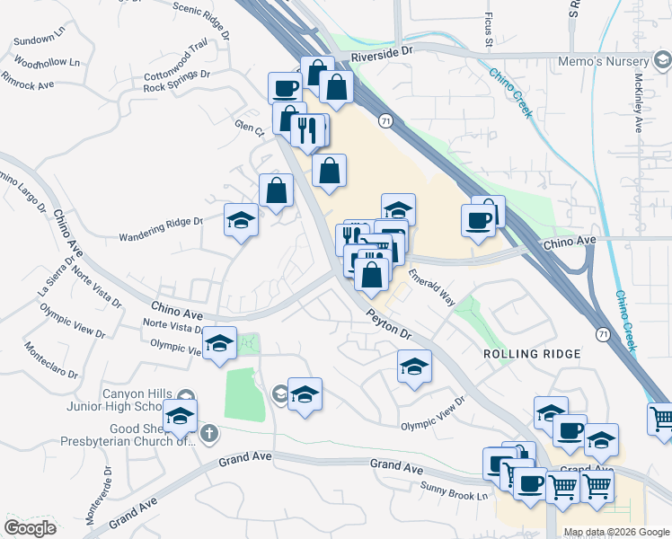 map of restaurants, bars, coffee shops, grocery stores, and more near Peyton Drive & Chino Avenue in Chino Hills