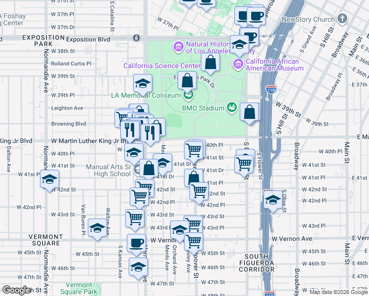 map of restaurants, bars, coffee shops, grocery stores, and more near 828 West Martin Luther King Junior Boulevard in Los Angeles