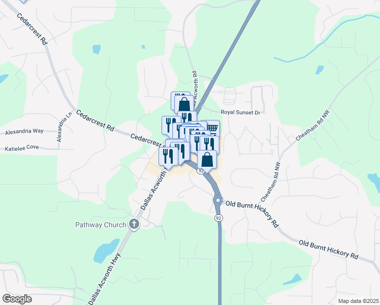 map of restaurants, bars, coffee shops, grocery stores, and more near 8876 Dallas Acworth Highway in Dallas