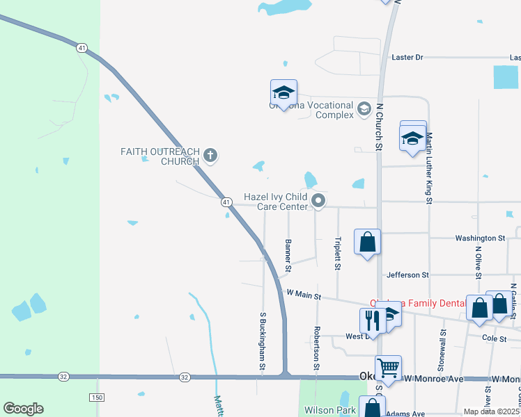 map of restaurants, bars, coffee shops, grocery stores, and more near 261 North Buckingham Street in Okolona