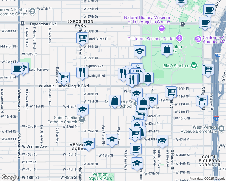 map of restaurants, bars, coffee shops, grocery stores, and more near 4012 South Budlong Avenue in Los Angeles