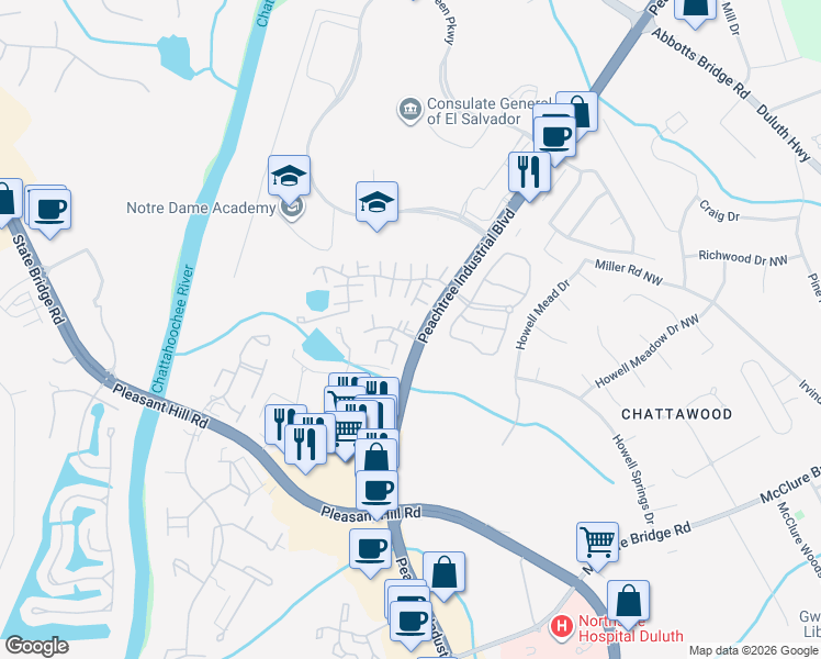 map of restaurants, bars, coffee shops, grocery stores, and more near 234 Brittany Court in Duluth