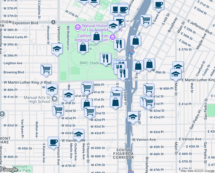 map of restaurants, bars, coffee shops, grocery stores, and more near 602 West 40th Place in Los Angeles