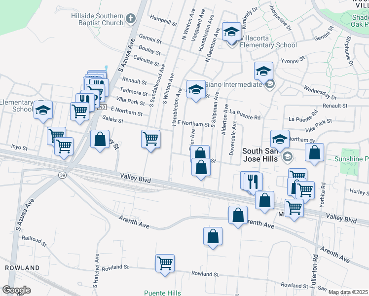 map of restaurants, bars, coffee shops, grocery stores, and more near 562 South Backton Avenue in La Puente