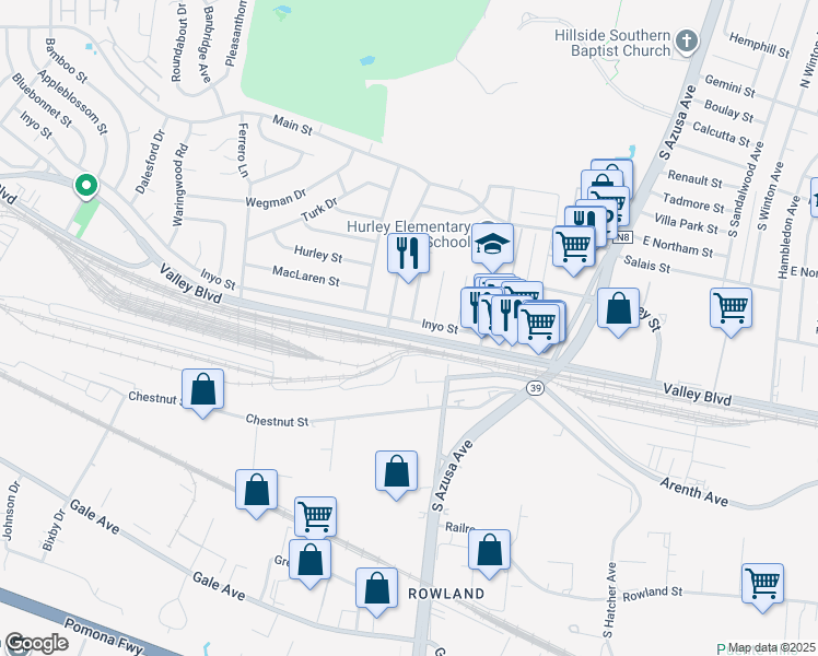 map of restaurants, bars, coffee shops, grocery stores, and more near 17048 Inyo Street in La Puente
