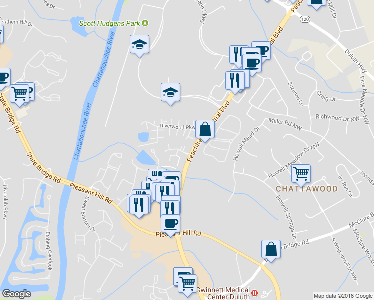 map of restaurants, bars, coffee shops, grocery stores, and more near 216 Brittany Court in Duluth
