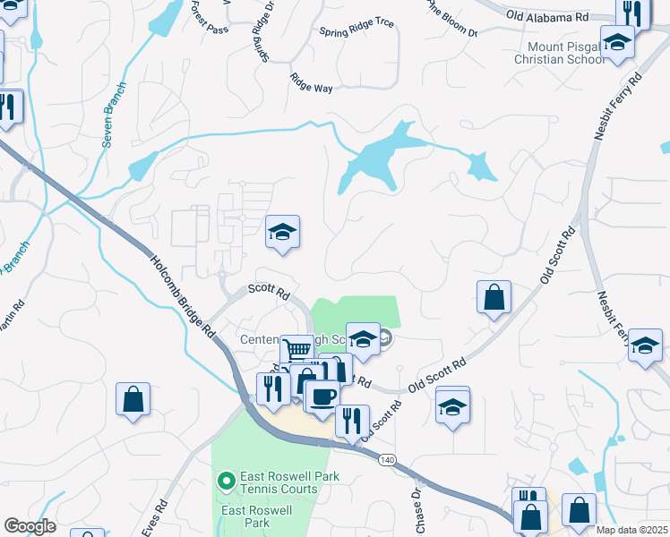 map of restaurants, bars, coffee shops, grocery stores, and more near 320 Mistwater Trce in Alpharetta