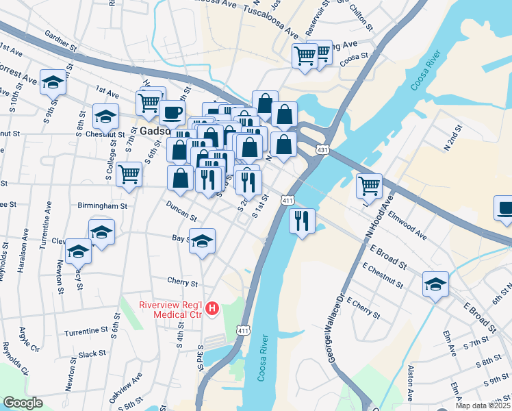 map of restaurants, bars, coffee shops, grocery stores, and more near 100-198 S 2nd St in Gadsden