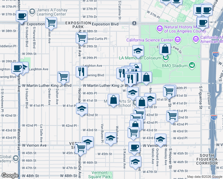 map of restaurants, bars, coffee shops, grocery stores, and more near 4012 South Budlong Avenue in Los Angeles