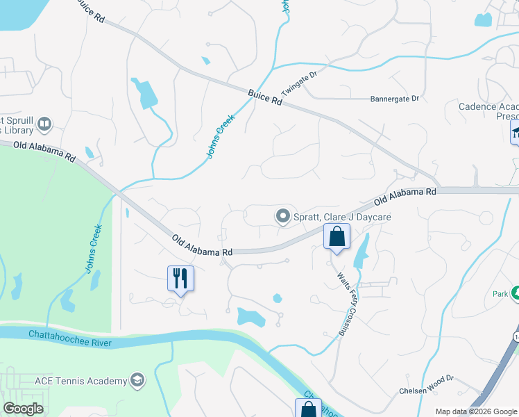 map of restaurants, bars, coffee shops, grocery stores, and more near 9585 Knollcrest Boulevard in Alpharetta