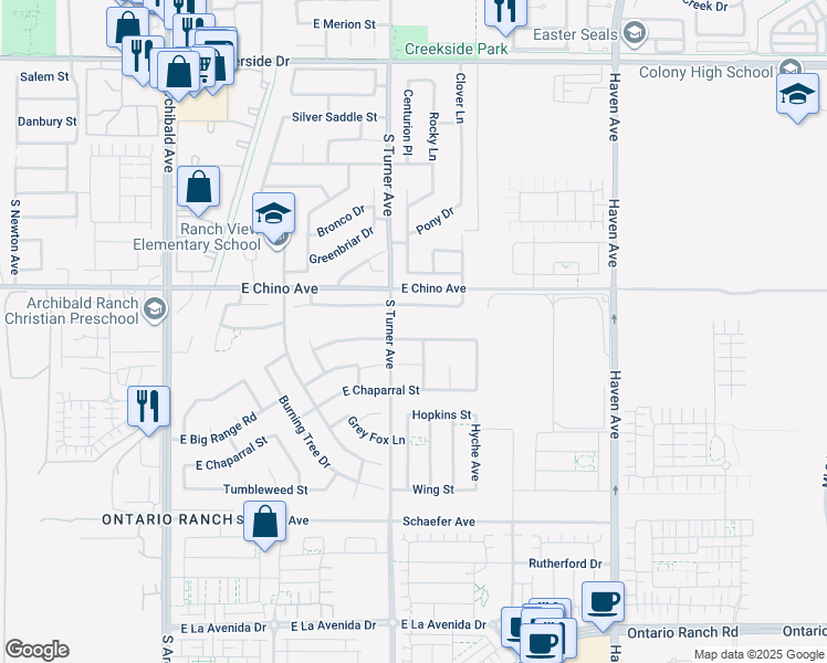 map of restaurants, bars, coffee shops, grocery stores, and more near 3025 East Black Horse Drive in Ontario