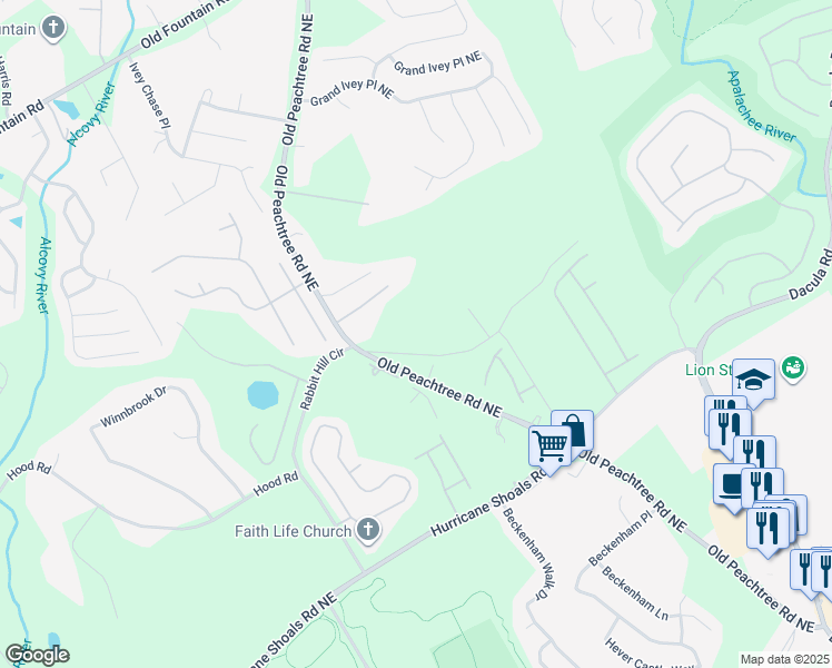 map of restaurants, bars, coffee shops, grocery stores, and more near 2171 Rabbit Hill Circle in Dacula