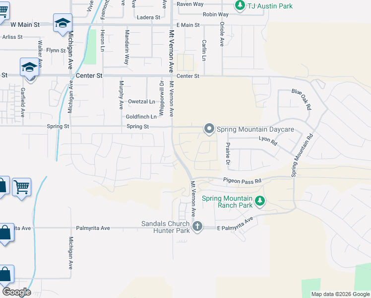 map of restaurants, bars, coffee shops, grocery stores, and more near 265-499 Blue Mountain Drive in Riverside