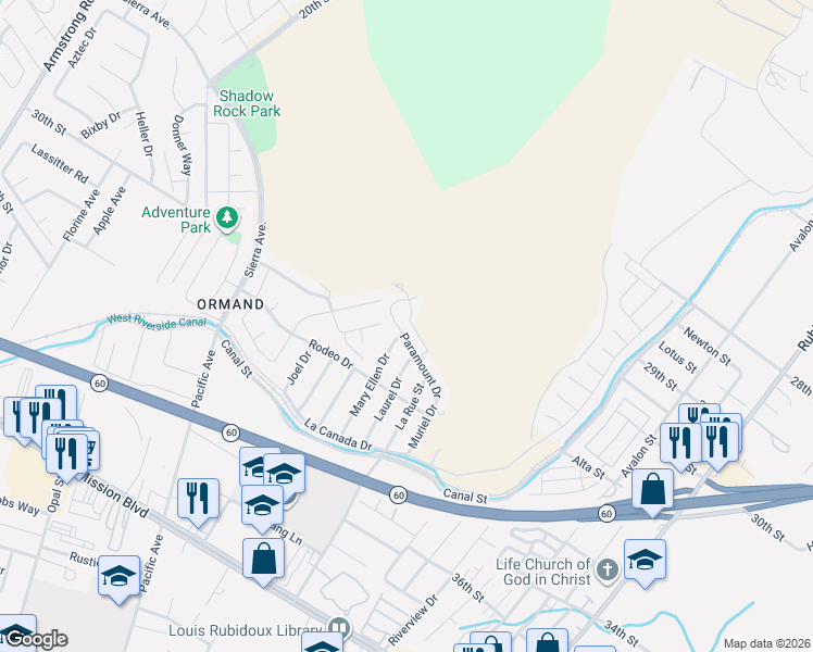 map of restaurants, bars, coffee shops, grocery stores, and more near 5953 Paramount Drive in Riverside
