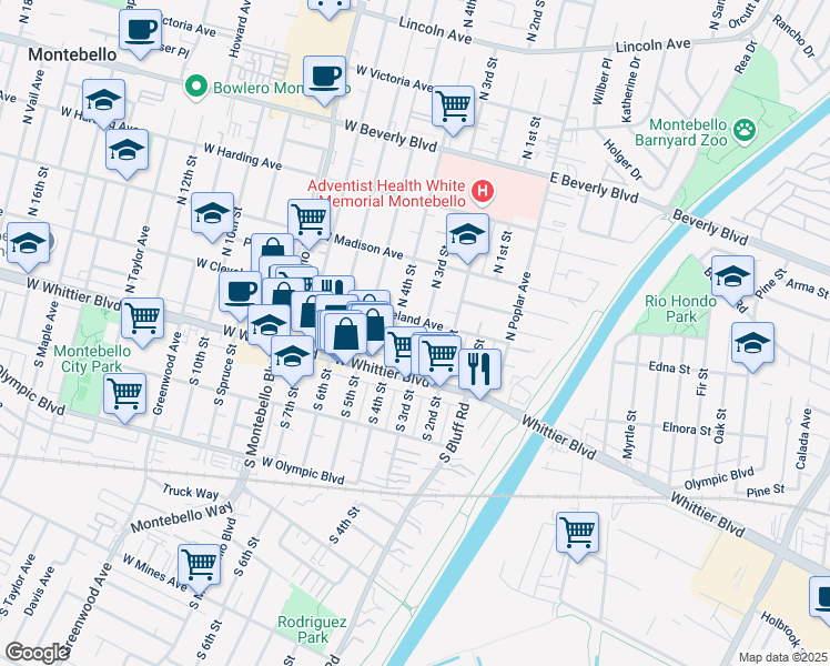 map of restaurants, bars, coffee shops, grocery stores, and more near 201 North 3rd Street in Montebello