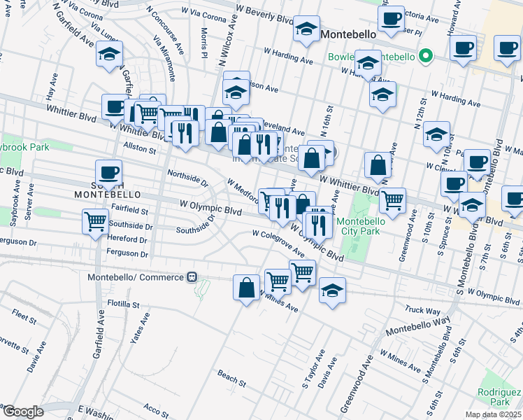map of restaurants, bars, coffee shops, grocery stores, and more near 1901 West Medford Street in Montebello