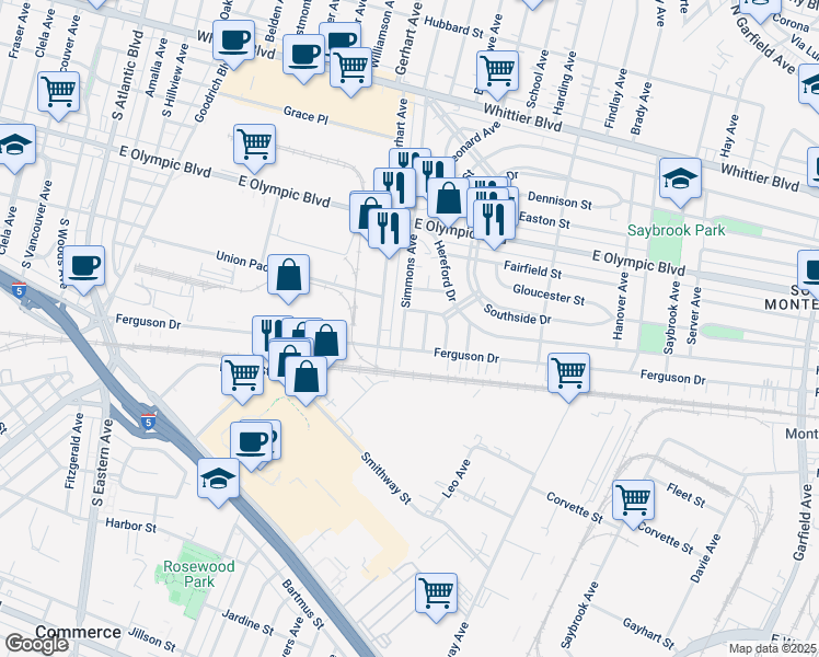map of restaurants, bars, coffee shops, grocery stores, and more near 1424 South Gerhart Avenue in Commerce