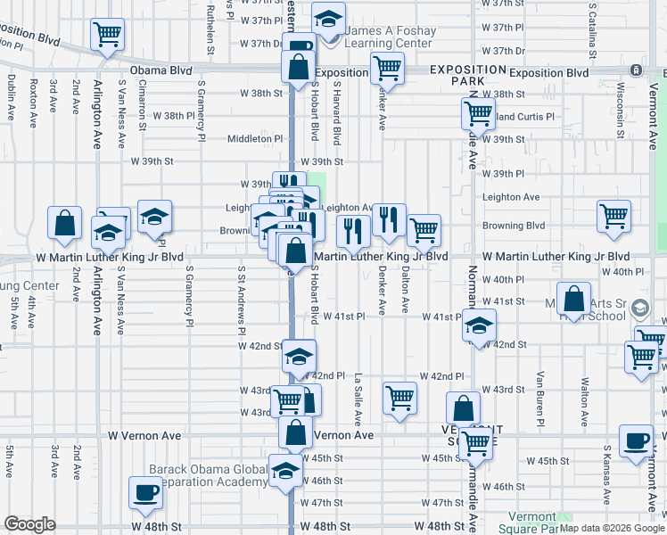 map of restaurants, bars, coffee shops, grocery stores, and more near 3996 South Harvard Boulevard in Los Angeles