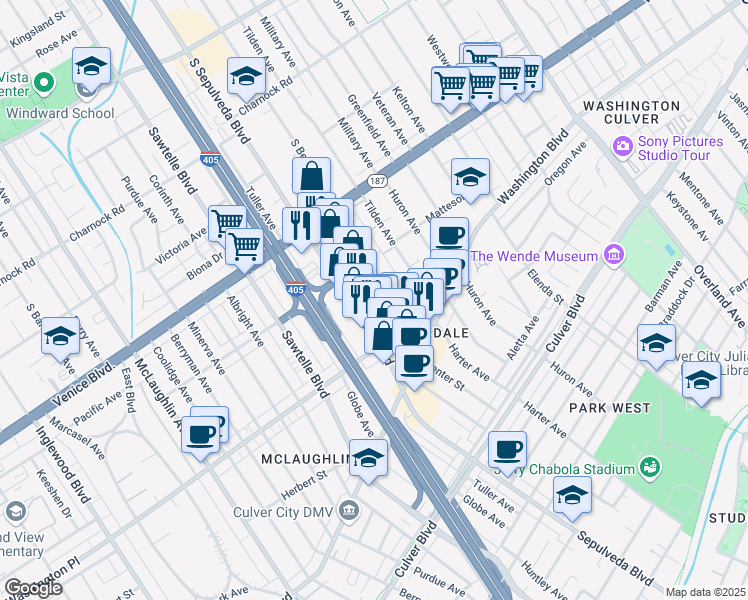 map of restaurants, bars, coffee shops, grocery stores, and more near 3930 Sepulveda Boulevard in Culver City